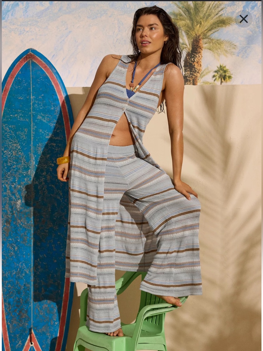 Aerie Blue Brown Striped Knit Matching Set XS/S Boho Wide Leg Duster Shimmer
